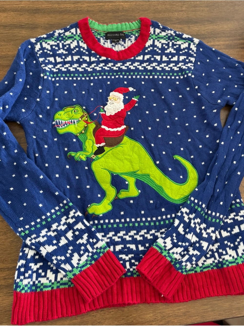 Christmas Sweater with Santa Riding Green T-Rex Holiday Festive